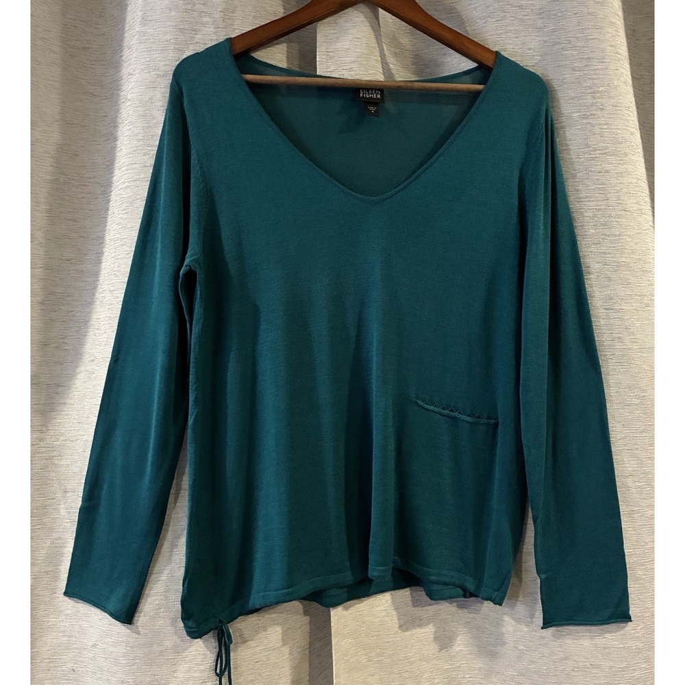 Eileen Fisher Silk Blend Pullover Sweater Teal Blue Green Women Medium Pocket